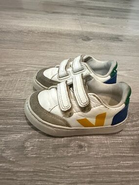 Veja Kids White Sneakers with Yellow V and Blue/Green Heel
